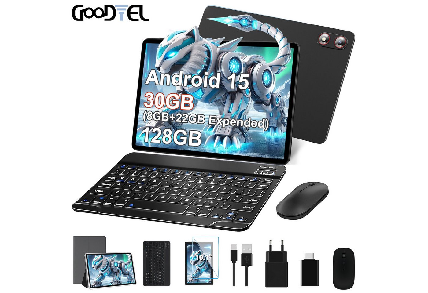 GOODTEL Tablett G10 10,1-Zoll, Android-15 Tablet, 30 GB RAM 128 GB interner Speicher, (Widevine L1) von GOODTEL