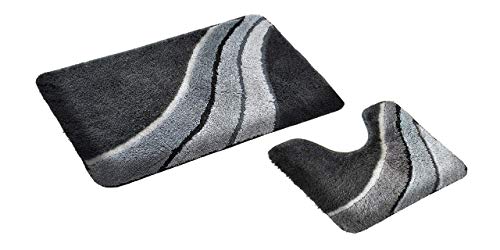 GOODWAY 2 Teiliges Badematten Set, Badteppich, Badvorleger Kiel, grau mit Ausschnitt │ rutschfest, Waschmaschinenfest, für Fußbodenheizung geeignet von Goodway