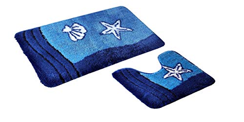 GOODWAY 2 Teiliges Badematten Set, Badteppich, Badvorleger Sealife Blau mit Ausschnitt │ rutschfest, Waschmaschinenfest, für Fußbodenheizung geeignet von Goodway