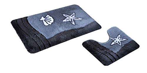 GOODWAY 2 Teiliges Badematten Set, Badteppich, Badvorleger Sealife Grau mit Ausschnitt │ rutschfest, Waschmaschinenfest, für Fußbodenheizung geeignet von Goodway