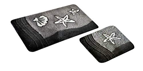 GOODWAY 2 Teiliges Badematten Set, Badteppich, Badvorleger Sealife grau │ Mikrofaser, rutschhemmend, waschmaschinenfest von Goodway
