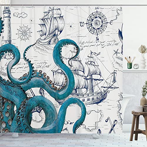 GOOESING Cooler Octopus Duschvorhang Anime nautischer Duschvorhang Blaugrün Kraken Duschvorhang Segelboot Pirat Duschvorhang Polyester Wasserdicht Duschvorhang 183 x 183 cm von GOOESING
