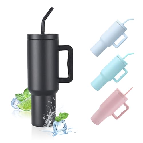 GOOFIT 1180 ml Isolierter Becher mit Deckel und Strohhalm Doppelwandiger Edelstahl mit Griff Upgrade Wiederverwendbare Kaffeetasse Becher 40 oz Reisebecher Autobecher Thermobecher Schwarz von GOOFIT