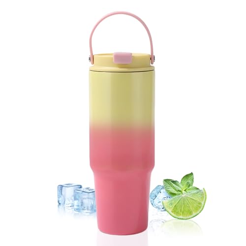 GOOFIT Thermobecher 880 ml mit Deckel und Strohhalm 30 Oz Kaffeebecher Aus Edelstahl Isolierung Von HeißEn und Kalten GeträNken Personalisierter Autobecher FüR Wasser,Kaffee Oder Eistee Gelb Rot von GOOFIT