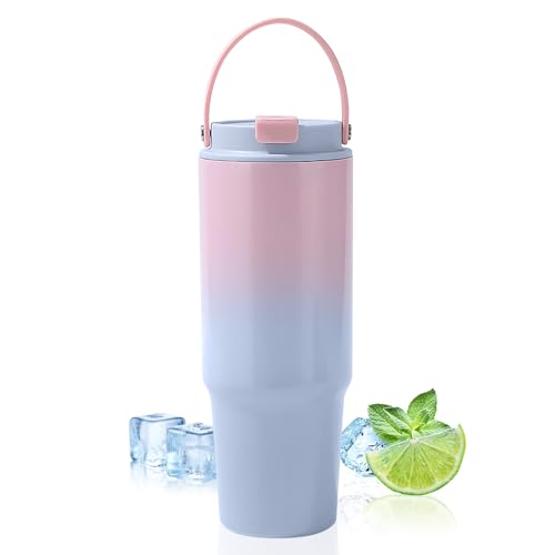 GOOFIT Thermobecher 880 ml mit Deckel und Strohhalm 30 oz Kaffeebecher Aus Edelstahl Isolierung Von HeißEn und Kalten GeträNken Personalisierter Autobecher FüR Wasser,Kaffee Oder Eistee Rosa Lila von GOOFIT