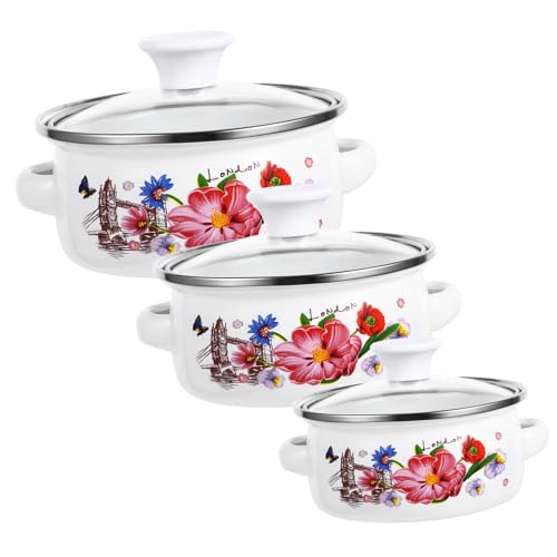 GOOHOCHY 3-teiliger Emaille-suppentopf Mit Zwei Griffl Flachem Boden Für Herd Und Küche Blumenmuster-design Für Dekorativen Look Kochtopf Zum Braten Und Schmoren von GOOHOCHY