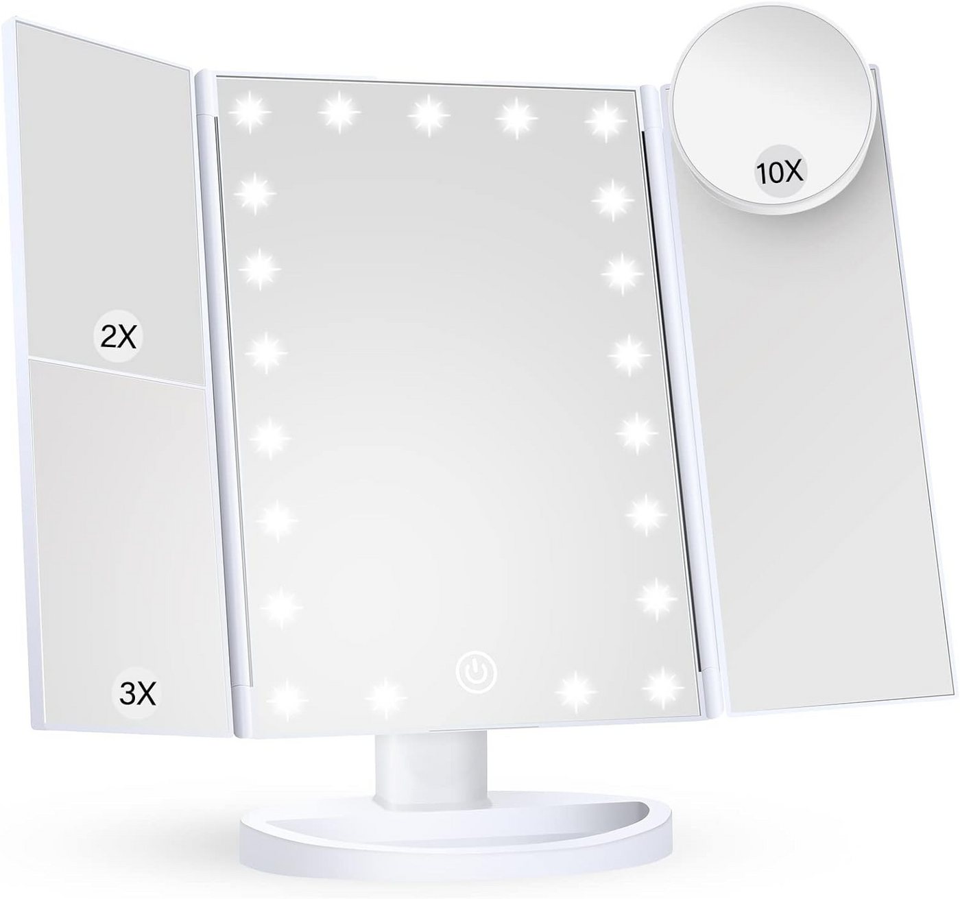 GOOLOO LED-Lichtspiegel Beleuchteter Schminkspiegel - mit 10X 3X 2X Vergrößerung (1-St., um 180° verstellbarem Ständer, doppeltem Netzteil, Tischspiegel), dreifach gefaltetem Spiegel mit Lichtern, Touchscreen-Schalter von GOOLOO