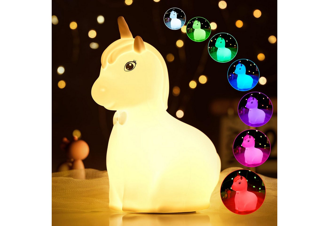GOOLOO LED Nachtlicht Einhorn Silikon Nachtlicht Baby,7 Farben DimmbarTouch, Dimmbar,Tap-Control, RGB Farben Sicher für Kinder, Mehrfarbiges Licht von GOOLOO