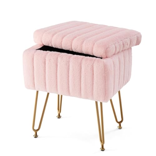 Fußhocker, Sofa Hocker Fußhocker, Schminkhocker, Stuhl Mit Stauraum, Kunstfell, Weich Gepolstert Wechselschuhhocker(Pink) von GOOPEEG