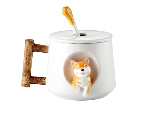GOOPEEG Mokkatassen, Mugs Corgi-Teetasse Mit Lustigem Holzmaserungsmuster, Griff Und Deckel, 3D-niedliche Corgi-Figur, Keramik-Kaffeetasse Espresso Cup(A) von GOOPEEG