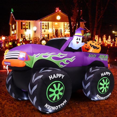 GOOSH 2,4 m langer Halloween-aufblasbarer Monster-Truck, Outdoor-Dekorationen, aufblasbarer Hof, niedlicher Geist mit Kürbis auf LKW, Auto mit integrierten LEDs für Garten, Rasen, Innenbereich, von GOOSH