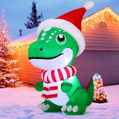 GOOSH Aufblasbare Weihnachtsdekoration, Dinosaurier, 152 cm, mit Weihnachtsmütze, Hofdekorationen mit integrierten LED-Lichtern, für Garten, Rasen, Innenbereich, Party-Dekoration von GOOSH