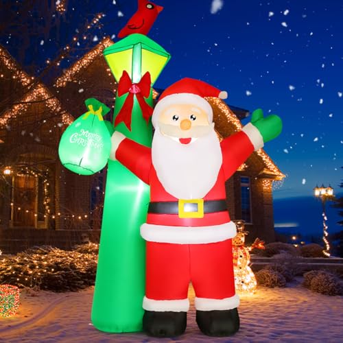 GOOSH Aufblasbare Weihnachtsmann-Outdoor-Dekorationen, Weihnachtsmann steht unter dem grünen Leuchtturm mit integrierten LEDs für Innenbereich, Party, Garten, Rasen-Dekoration, 2,5 m von GOOSH
