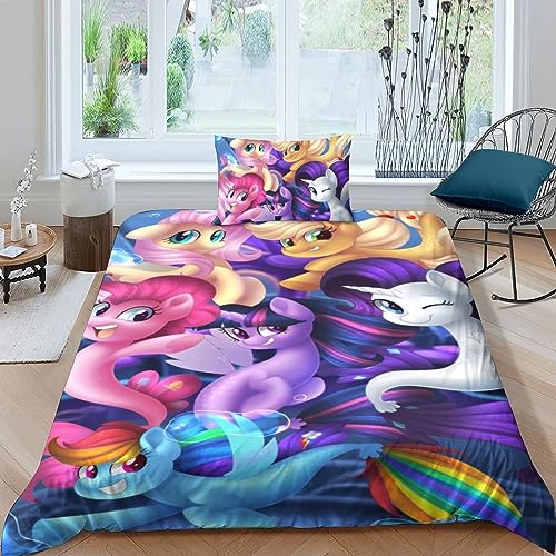 GOOSMI Mein kleines Pony 3D Bettwäsche Set Bettbezug Mit Reißverschluss Und Kissenbezug 2 Teilig Animierte Zeichen Bettbezüge Mikrofaser Bettbezug Bettwaren-Sets Für Mädchen Junge Single（135x200cm） von GOOSMI
