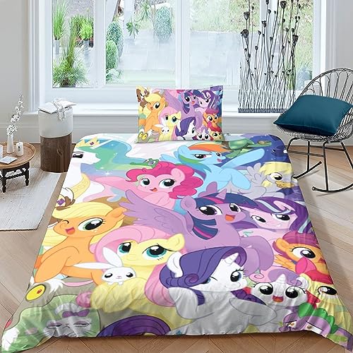 GOOSMI Mein kleines Pony Bettwäsche Set 3D Bettbezüge Mit Reißverschluss Animierte Zeichen Mikrofaser Betten Set 2 Teilig Mit Bettbezug Und Kissenbezug Für Erwachsene Kinder Single（135x200cm） von GOOSMI