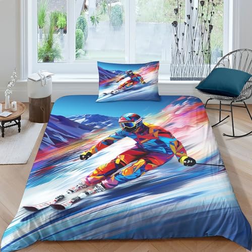 GOOSMI Ski-Rush-Moment Für Kinder Mädchen Jungen Bettbezug Set Bettwäschegarnitur 3D Gedruckter Bettwäsche Und Kissenbezüge Reissverschluss Weich Microfaser 3 Teilig Single（135x200cm） von GOOSMI