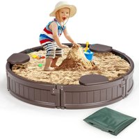 Goplus - 120 cm Runder Sandbox, HDPE-Sandkasten mit 3 Abnehmbaren Sitzen für Kinder, Wetterbestaendige Sandkiste mit Oxford-Unterlage & Abdeckung für von GOPLUS