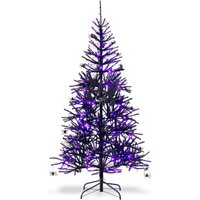183cm Weihnachtsbaum Halloween mit 250 LED-Leuchten in lila, Kunstbaum Schwarz mit 16 Spinnen, 8 Fledermaeusen, 1 Geisterkarten & 791 pvc von GOPLUS