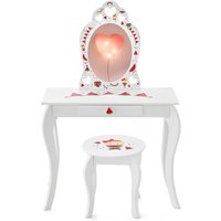 Goplus - 2 in 1 Kinder Schminktisch aus Holz, Schreibtisch mit Hocker, Schublade & abnehmbarem Spiegel, Kosmetiktisch mit Kippsicherung & von GOPLUS