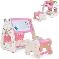 3 in 1 Kinder Kunststaffelei mit Hocker, Bücherregal mit verstellbarem Zeichenbrett und umklappbarer Schreibtisch, Stehende Kindertafel mit von GOPLUS