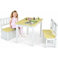 Goplus - 4-teiliges Tisch- und Stuhl-Set für Kinder, 2 in 1 Tisch-Set aus Holz für Kleinkinder mit 2 Stühlen und 1 Aufbewahrungsbank, von GOPLUS