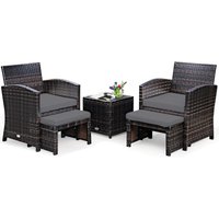 5 tlg. Rattanmoebel, Poly Rattan Gartenmoebel, Lounge Set aus 1 Tisch & 2 Stühlen & 2 Ottomanen, Kissen mit Abnehmbarem & Waschbarem Bezug (Grau) von GOPLUS