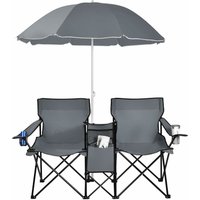 Doppelsitzer Campingstuhl, aus Oxford-Stoff & Stahl, mit Sonnenschirm & Tragetasche, Klappstuhl für Paare, mit Getränkehalter & Eisbeutel, Tragbarer von GOPLUS