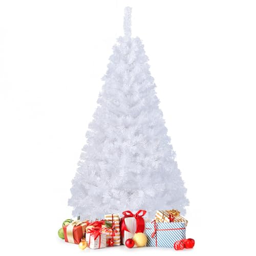 GOPLUS 150/180/210/240cm Weihnachtsbaum Weiß, Festliche Weihnachtdekoration für Zuhause, Weißer Tanne Christbaum mit Metallständer, Weihnachtdeko Drinnen(Schneeweiß, 150 cm) von GOPLUS