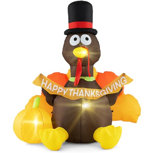 GOPLUS 150 cm Thanksgiving aufblasbarer Truthahn, aufblasbare Thanksgiving-Dekoration mit Kürbis, Pilgermütze, LED-Lichtern, Windseilen und Erdspießen, Außenbereich-Dekoration für die Feier von GOPLUS