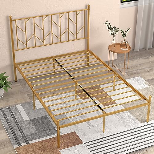 GOPLUS 190 x 140cm Metallbett, Doppelbettgestell mit Kopfteil, Bettgestell mit Lattenrost, zusätzliche Stauraum unter dem Bett, bis 360 kg Belastbar (Gold) von GOPLUS