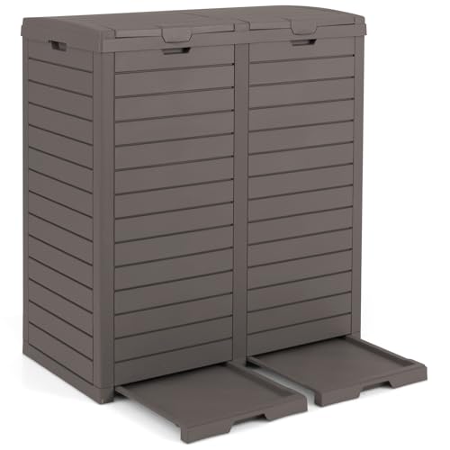 GOPLUS 2 Fächer Mülltonne 236 L, Outdoor Mülleimer mit gestuften Deckeln & ausziehbarer Flüssigkeitsschale, Mülltonnenbox mit Griff, Außenabfalleimer Mülltrennsystem Garten für Terrasse & Hinterhof von GOPLUS