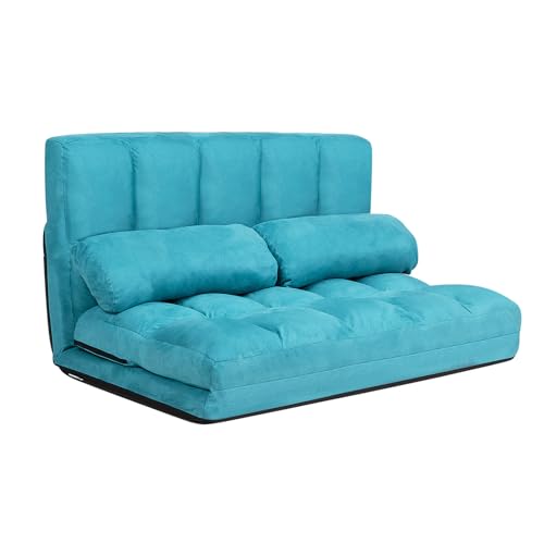 GOPLUS 2 Sitzer Bodensofa mit 2 Kissen, 3 in 1 Sofabett Liege Sofa mit 6 stufig Verstellbarer Rückenlehne, Klappsofa mit Schlaffunktion für Wohnzimmer Schlafzimmer (Blau) von GOPLUS