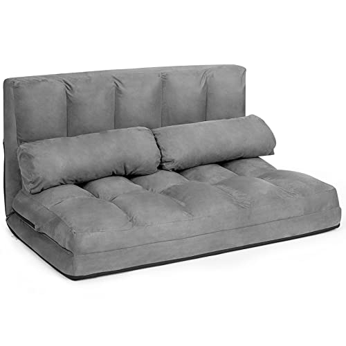 GOPLUS 2 Sitzer Bodensofa mit 2 Kissen, 3 in 1 Sofabett Liege Sofa mit 6 stufig Verstellbarer Rückenlehne, Klappsofa mit Schlaffunktion für Wohnzimmer Schlafzimmer (Grau) von GOPLUS