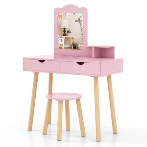 GOPLUS 2 in 1 Kinder Schminktisch Set, Frisiertisch mit abnehmbarem Spiegel, Hocker, breite Tischplatte & 2 große Schubladen, Kinderschminktisch mit Kamm für Mädchen 3-7 Jahren (Rosa) von GOPLUS