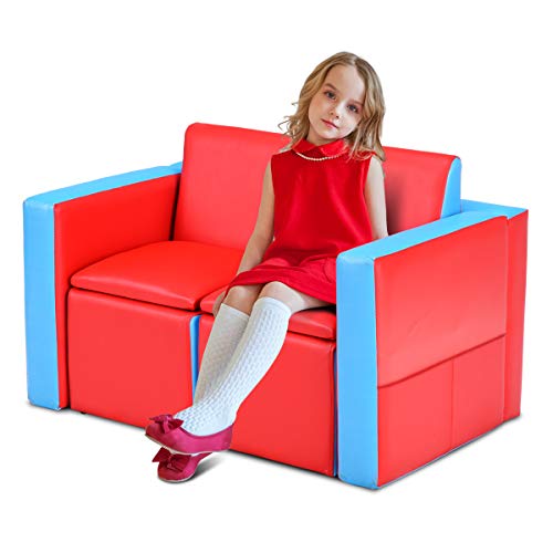 GOPLUS 2 in 1 Kindersofa, Kindertisch mit 2 Stühlen & verstecktem Stauraum, 2-Sitzer Kindercouch mit Armlehnen & Seitentaschen, Kindermöbel mit wasserdichtem PVC-Bezug für Kinderzimmer (Rot) von GOPLUS