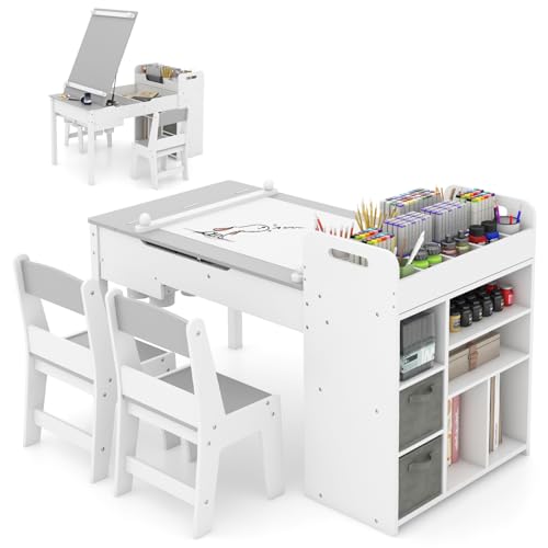 GOPLUS 3 in 1 Kindertisch mit 2 Stühlen, Kindersitzgruppe mit hochklappbarer Tischplatte, Kiefernholzbeine, Papierrollenhalter, Pressstangen & Mehrere Ablagemöglichkeiten, Kindermöbelset (Grau) von GOPLUS