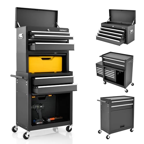 GOPLUS 2 in 1 Werkzeugwagen mit Rollen, Werkstattwagen mit 6 Schubladen & Unterschrank & Tablett & Schiebetüren, Werkzeugschrank mit Sicherheitsschloss, 61,5 x 33 x 132 cm (Schwarz) von GOPLUS