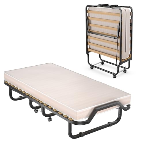 GOPLUS Gästebett 90×200 cm, Einzelbett klappbar mit Memoryschaummatratze, Stahlrahmen, 4 Universalrollen, Klappbett für Gästezimmer, Camping, Büro, Schlafzimmer & Wohnzimmer (Beige, 90×200 cm) von GOPLUS