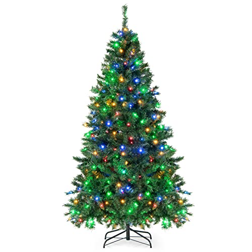 GOPLUS 213 cm hoher klappbarer künstlicher Weihnachtsbaum, Christbaum mit 1006 PVC-Astspitzen & 350 mehrfarbigen LED-Leuchten, saisonaler Kunstbaum für Zuhause Schule Karneval von GOPLUS