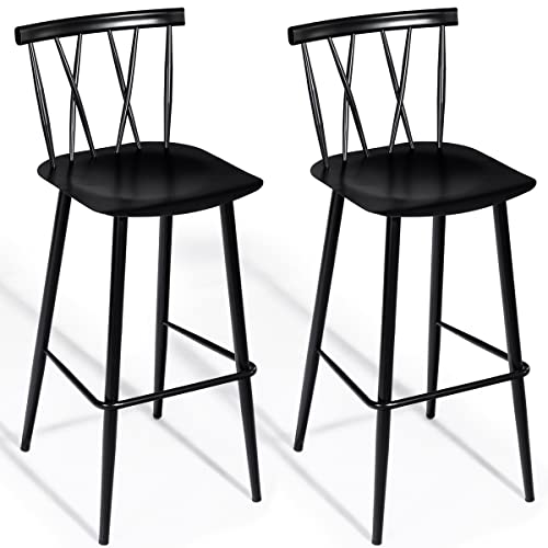 GOPLUS 2er-Set Barhocker mit Rückenlehne, Elegante Barstuhl aus Metall, Bistrohocker mit Füßstütze, Sitzhocker für Restaurant&Heim& Café, Küchenhocker, Tresenhocker, Schwarz, 150kg belastbar von GOPLUS