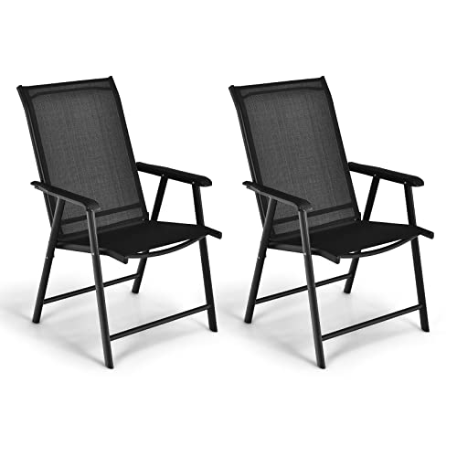 GOPLUS 2er Set Gartenstuhl, Klappstuhl mit Rückenlehne und Armlehne, Balkonstuhl faltbar bis 110 kg belastbar, aus Gewebe & Metall, für Camping und Terrasse (Schwarz) von GOPLUS