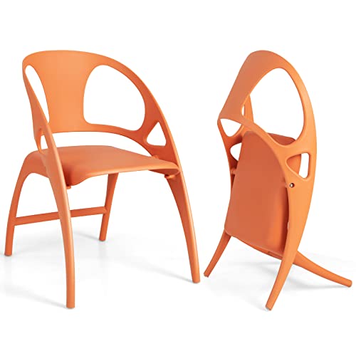 GOPLUS 2er-Set Kunststoffstuhl, Zusammenklappbar Gartenstuhl, Terrassenstuhl mit Rückenlehne, Wetterbeständiger Stapelstuhl, 150kg Belastbar, für Esszimmer Wohnzimmer Garten (Orange) von GOPLUS