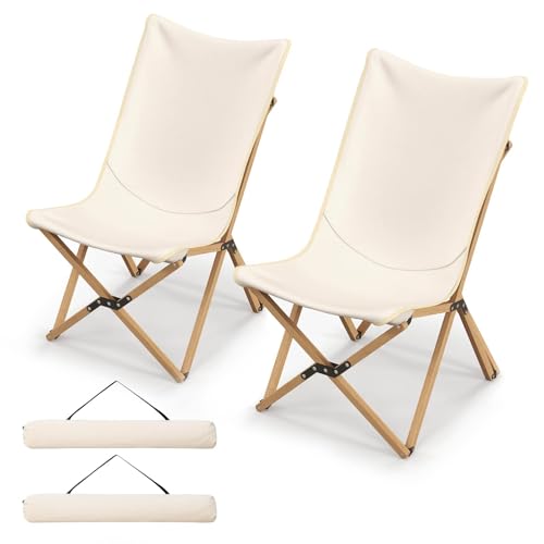 GOPLUS 2er Set Liegestuhl klappbar, Gartenstuhl Klappstuhl aus Bambus bis 150kg belastbar, Campingstuhl ohne Armlehne leicht tragbar mit Tragetasche, Strandstuhl für Camping Picknick Angeln, Beige von GOPLUS