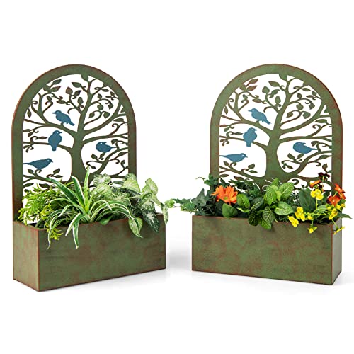 GOPLUS 2er Set Pflanzkasten mit Deko-Rankgitter, Gartenspalier aus Metall, Pflanzkübel Rankhilfe hängend für Kletterpflanzen (Retro, 40 x 17 x 60 cm (L x B x H)) von GOPLUS