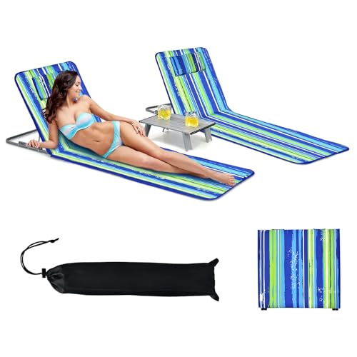 GOPLUS 2er Set Strandmatte mit Tisch, Strandliege klappbar leicht, Strandmatte mit Rücklehne 5-stufig verstellbar, inkl. 2 abnehmbare Kopfstütze, Oxford-Gewebe, für Terrasse & Strand (Blau+Grün) von GOPLUS