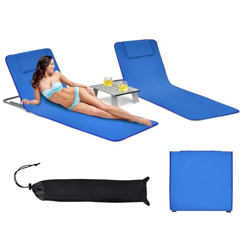 GOPLUS 2er Set Strandmatte mit Tisch, Strandliege klappbar leicht, Strandmatte mit Rücklehne 5-stufig verstellbar, inkl. 2 abnehmbare Kopfstütze, Oxford-Gewebe, für Terrasse & Strand (Marineblau) von GOPLUS