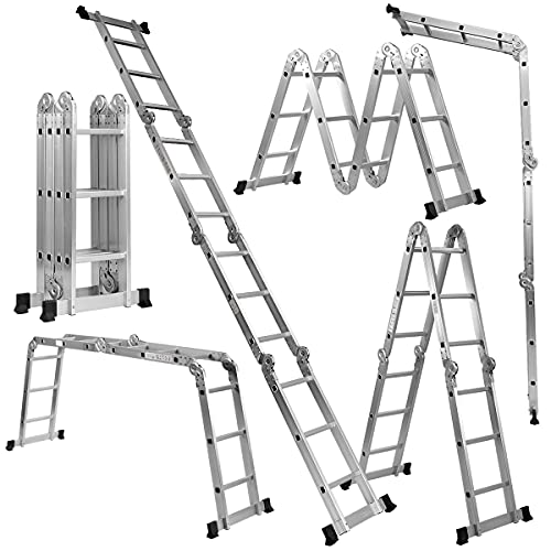 GOPLUS 3,7M Mehrzweckleiter, Klappleiter aus Aluminium mit 4 ×3 Stufen, Trittleiter für Baujob & Dachboden & Kletterdach & Werkstatt, rutschfeste Arbeitsleiter, 150kg Belastbar von GOPLUS