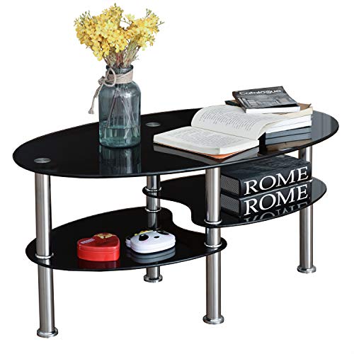 GOPLUS 3 Ebenen Couchtisch Glas, Beistelltisch oval mit Metallgestell, Glastisch Wohnzimmertisch für Wohnzimmer & Büro, modernes Design (Schwarz) von GOPLUS