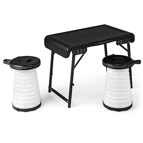 GOPLUS 3-TLG faltbares Campingtischset，Tragbarer Picknicktisch mit 2 ausziehbaren LED-Hockern, stabile Sitzgruppe für Picknick, Campen, Barbecue & Angeln, für Strand Garten Hinterhof, Schwarz von GOPLUS