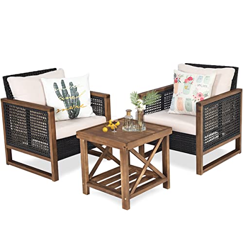 GOPLUS 3 TLG. Gartenmöbel Set, Polyrattan Sitzgruppe mit Beistelltisch, Rattanmöbel Lounge Set aus Holz für Terrasse, Balkon & Garten, Braun von GOPLUS